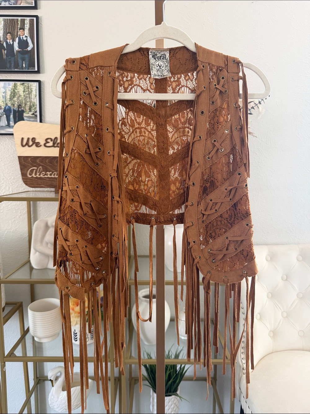 Vocal Brown Lace & Suede Fringe Vest